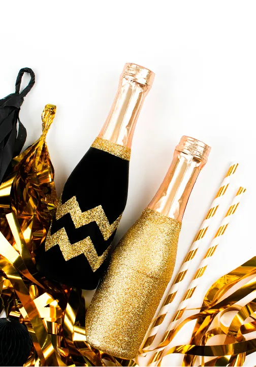 botellas decoradas en glitter con tematica de año nuevo