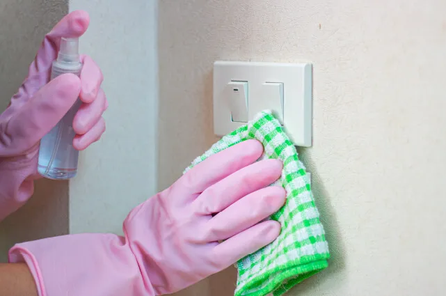 Imagen de una persona con un paño en la mano limpiando las superficies de su hogar para mantenerlo libre de gérmenes