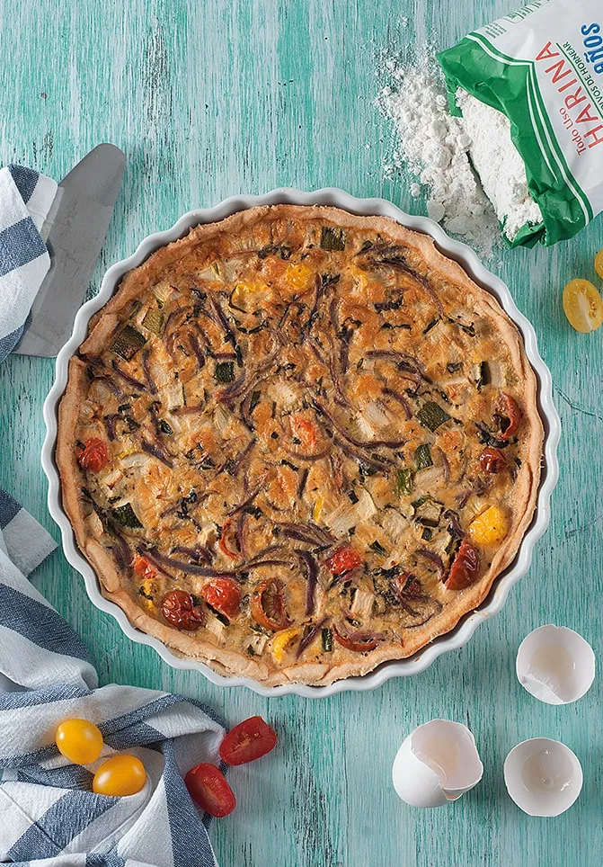 quiche de zapallo italiano tomatitos cherry y cebolla